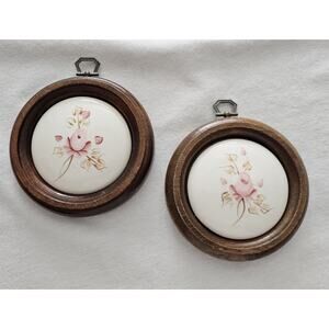 VTG Two Lasting Products Circular Wood Hand-Painted Rose Ceramic Wall Hangings